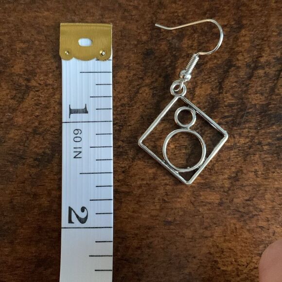 Geometric Square & Circle Dangle Earrings, Aged Silver, Sculptural Style, Unisex - Picture 8 of 9